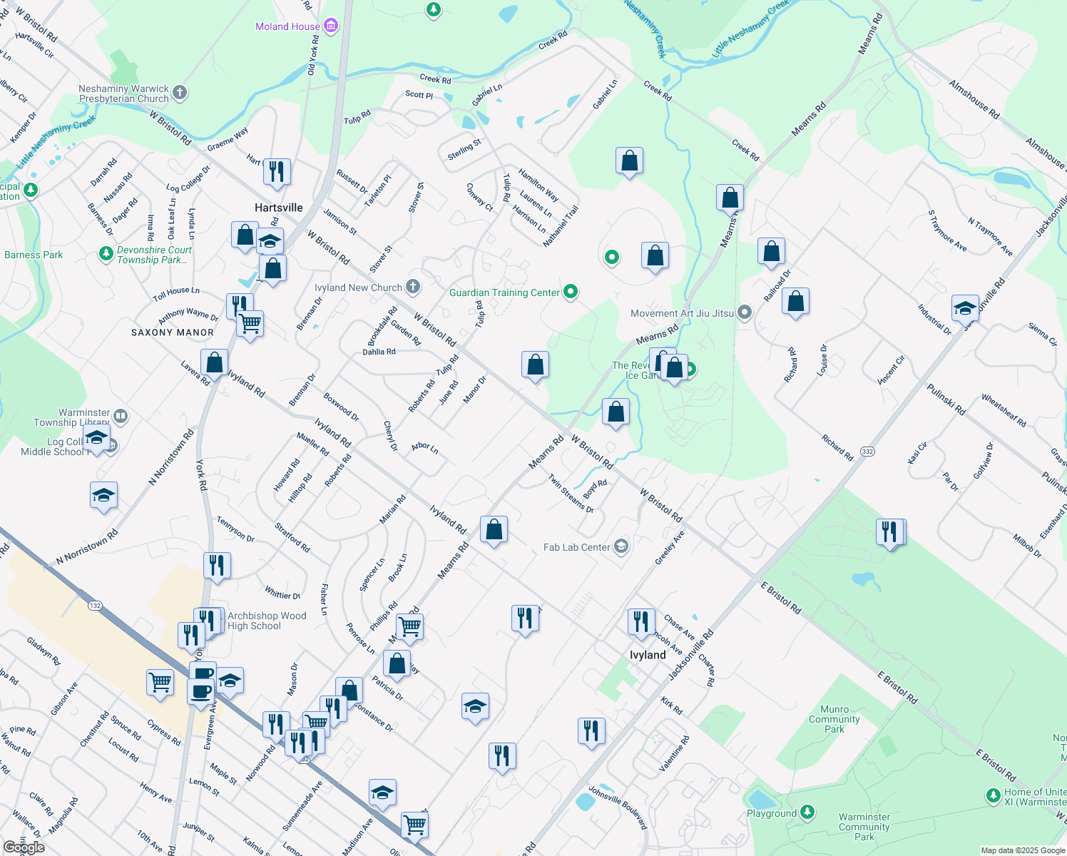 map of restaurants, bars, coffee shops, grocery stores, and more near 1310 Sturbridge Drive in Warminster