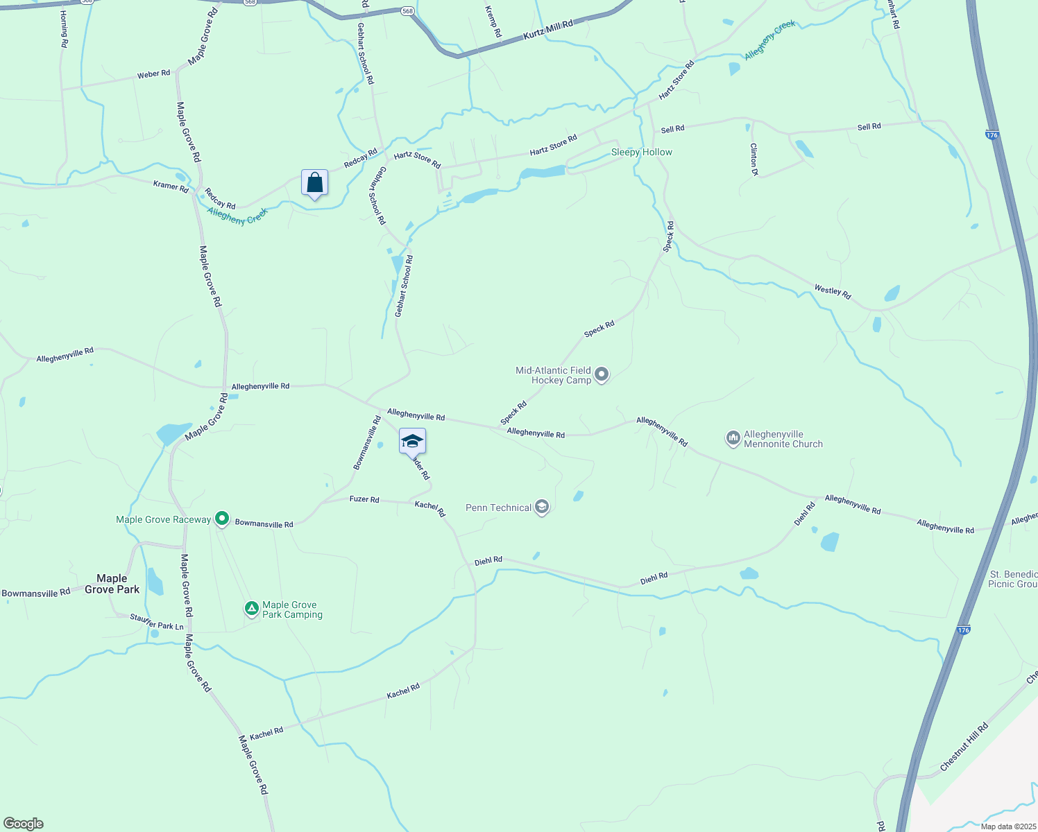 map of restaurants, bars, coffee shops, grocery stores, and more near 179 Speck Rd in Mohnton