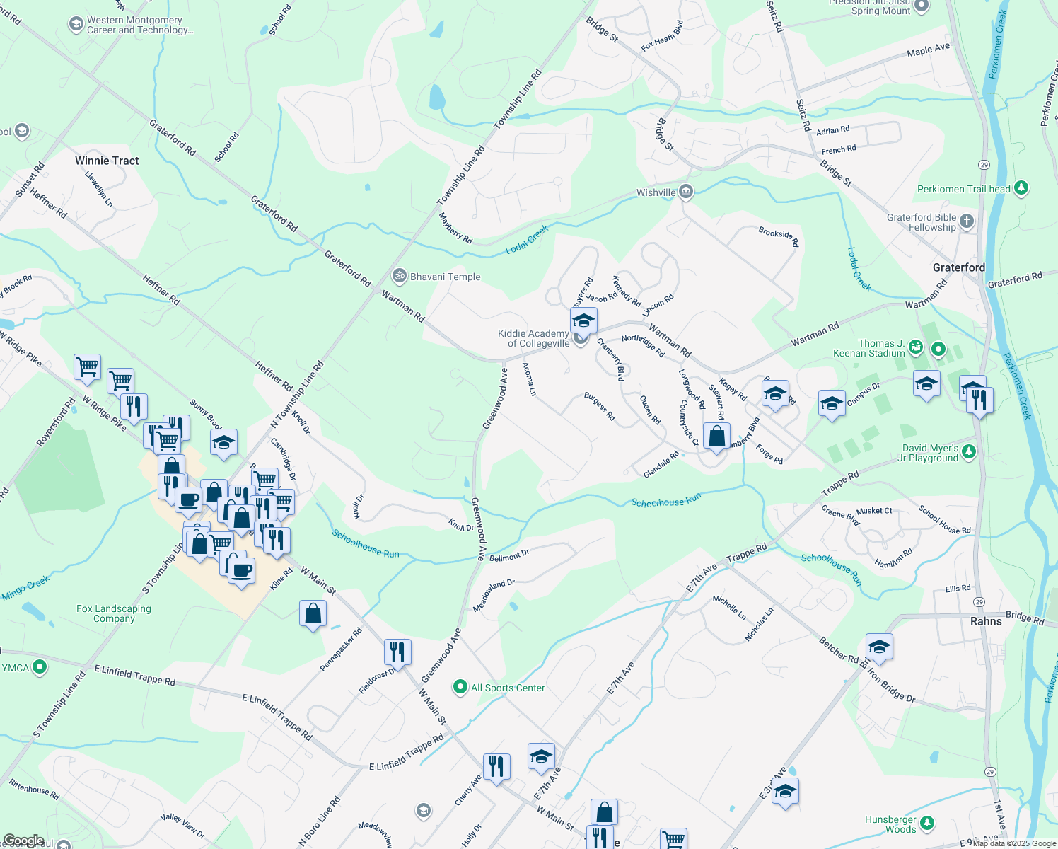map of restaurants, bars, coffee shops, grocery stores, and more near 362 Woodlyn Drive in Collegeville