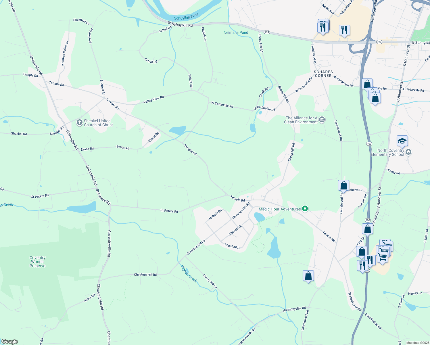 map of restaurants, bars, coffee shops, grocery stores, and more near 1175 Temple Road in Pottstown