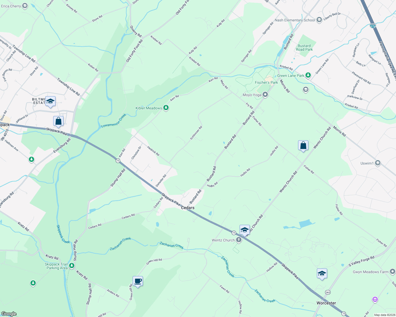 map of restaurants, bars, coffee shops, grocery stores, and more near 1506 Unruh Lane in Harleysville