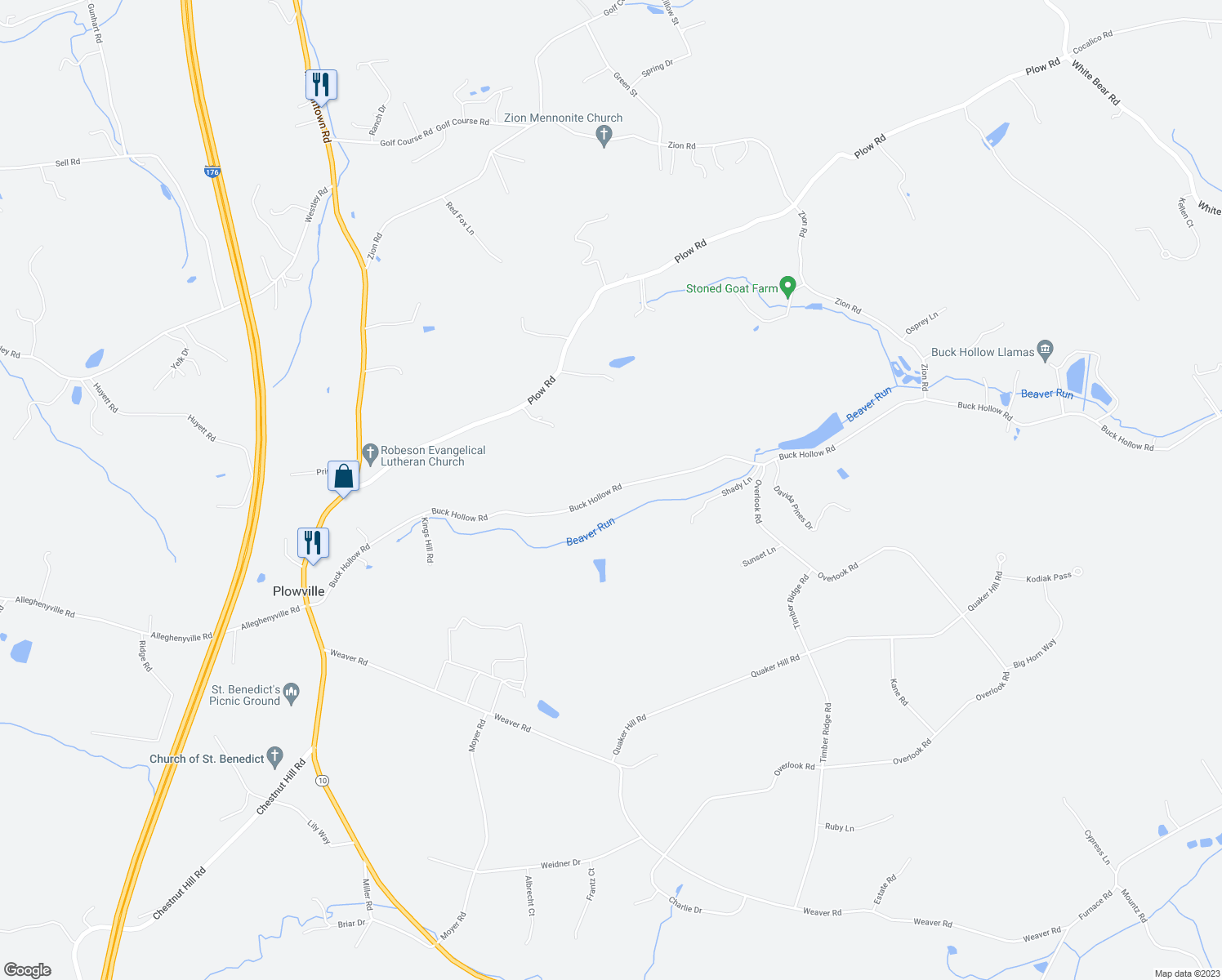 map of restaurants, bars, coffee shops, grocery stores, and more near Buck Hollow Road in Mohnton