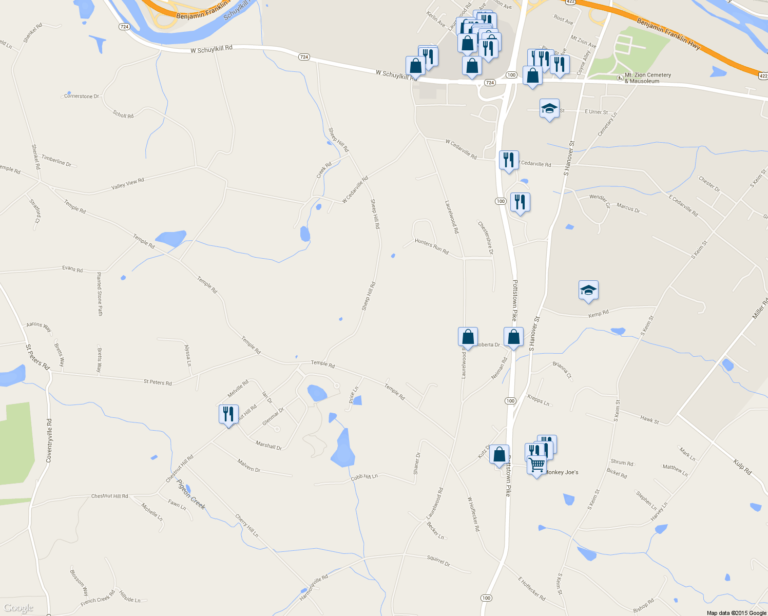 map of restaurants, bars, coffee shops, grocery stores, and more near 1282 Sheep Hill Road in Pottstown