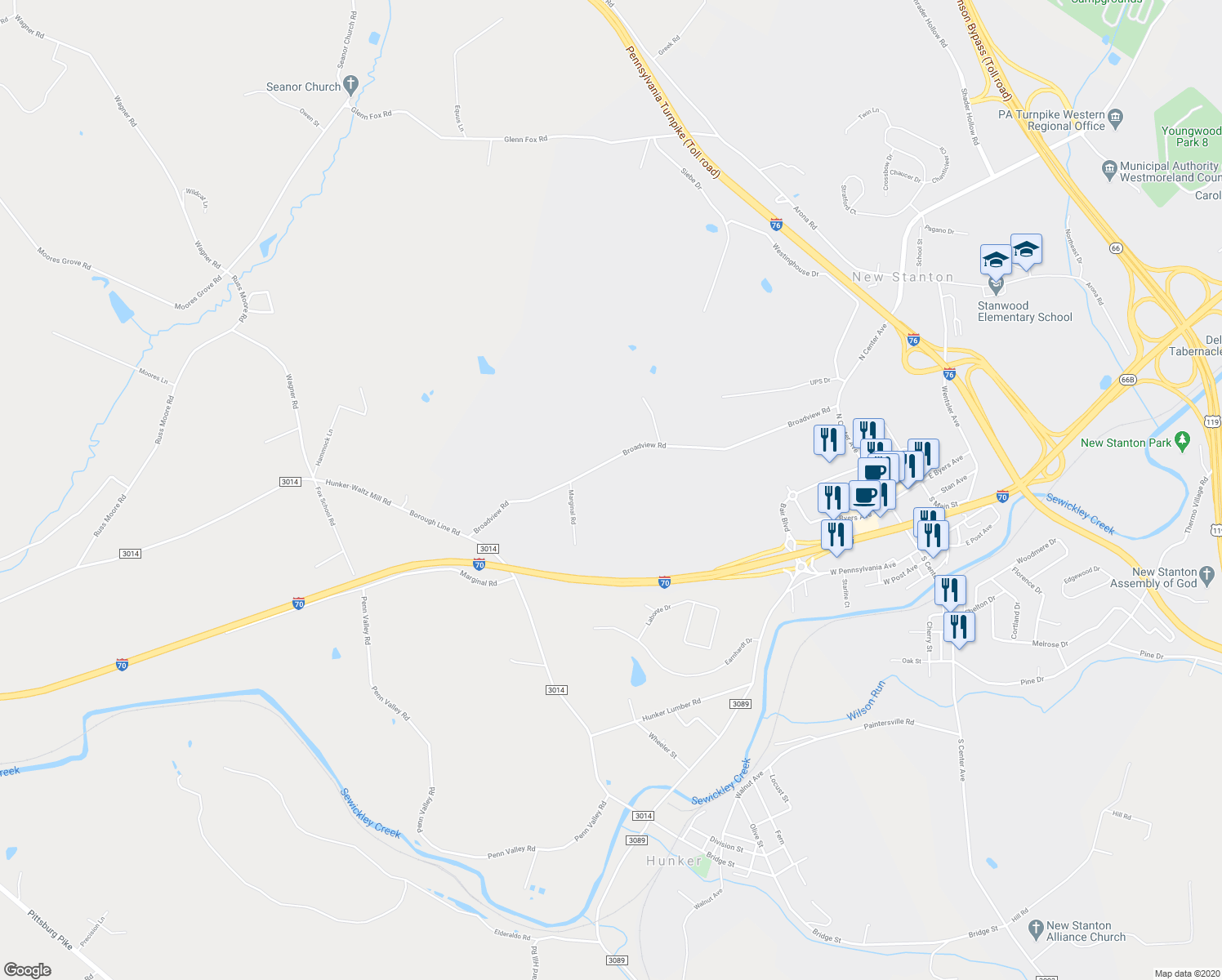 map of restaurants, bars, coffee shops, grocery stores, and more near 257 Broadview Road in Hunker