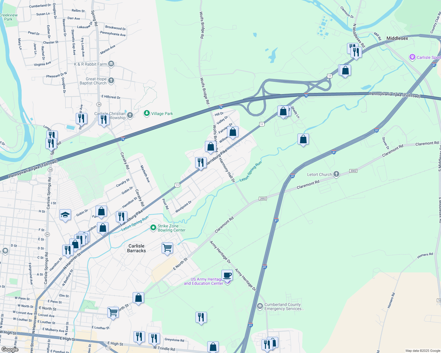 map of restaurants, bars, coffee shops, grocery stores, and more near 998 Patton Dr in Carlisle