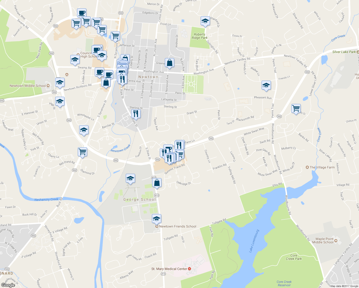 map of restaurants, bars, coffee shops, grocery stores, and more near 400 Fountain Farm Lane in Newtown