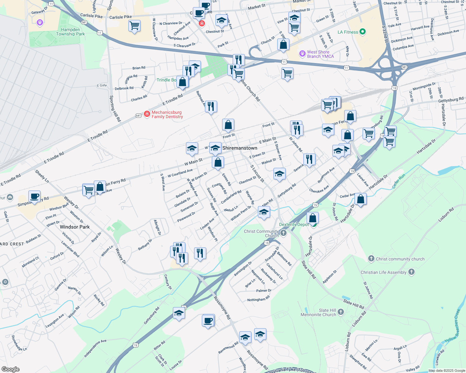 map of restaurants, bars, coffee shops, grocery stores, and more near 28 Essex Rd in Shiremanstown