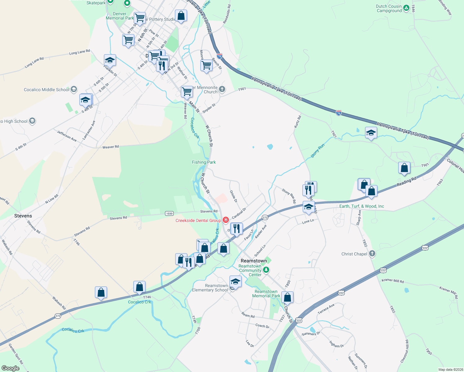 map of restaurants, bars, coffee shops, grocery stores, and more near 65 Oriole Dr in Stevens