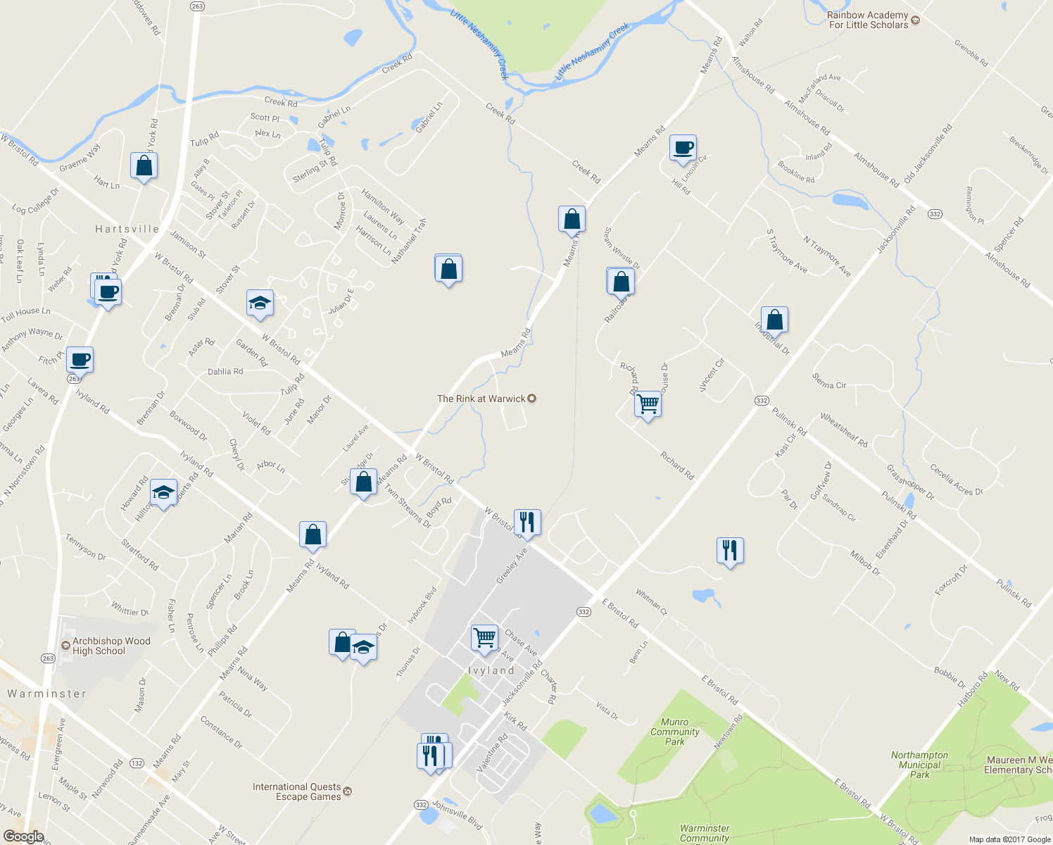 map of restaurants, bars, coffee shops, grocery stores, and more near 410 Camars Drive in Warminster