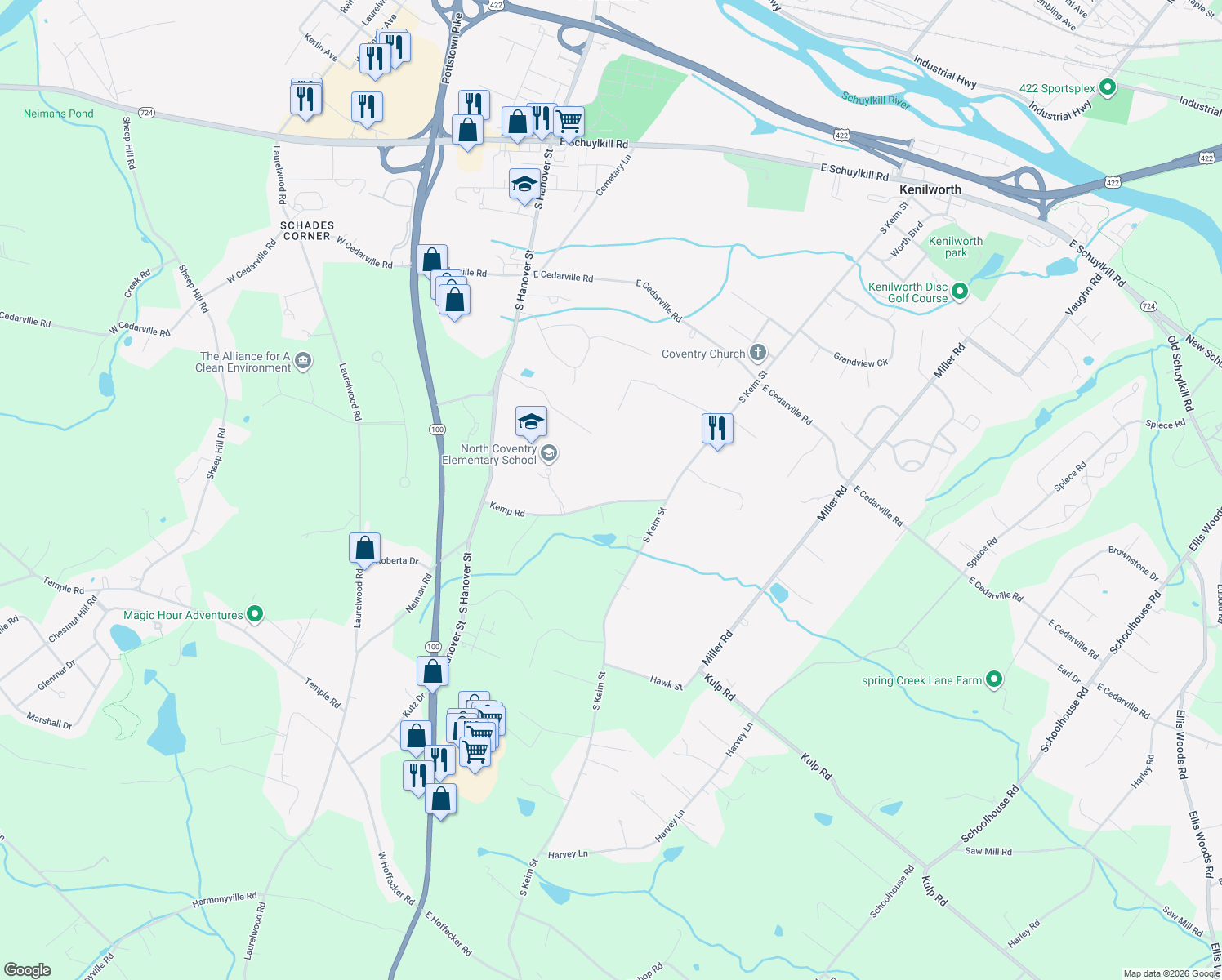 map of restaurants, bars, coffee shops, grocery stores, and more near 737 Kemp Road in Pottstown