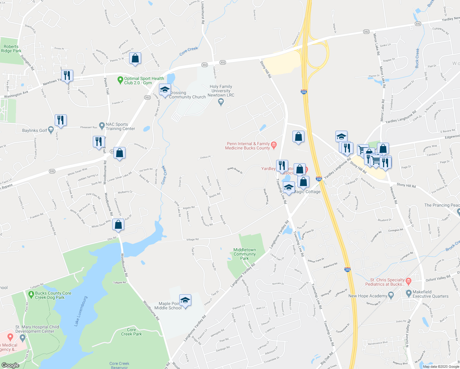 map of restaurants, bars, coffee shops, grocery stores, and more near 268 Shady Brook Drive in Langhorne