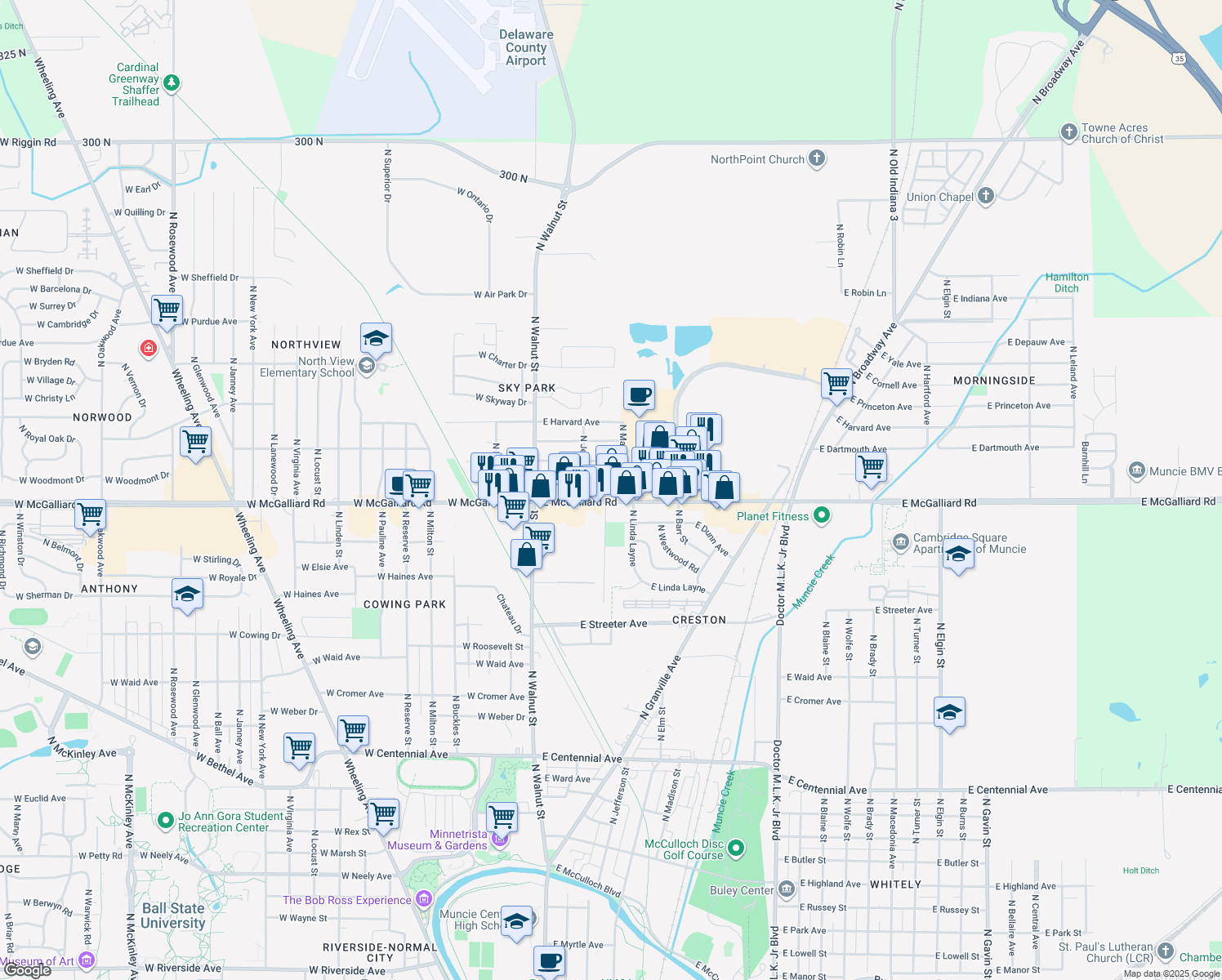 map of restaurants, bars, coffee shops, grocery stores, and more near 400 E McGalliard Rd in Muncie