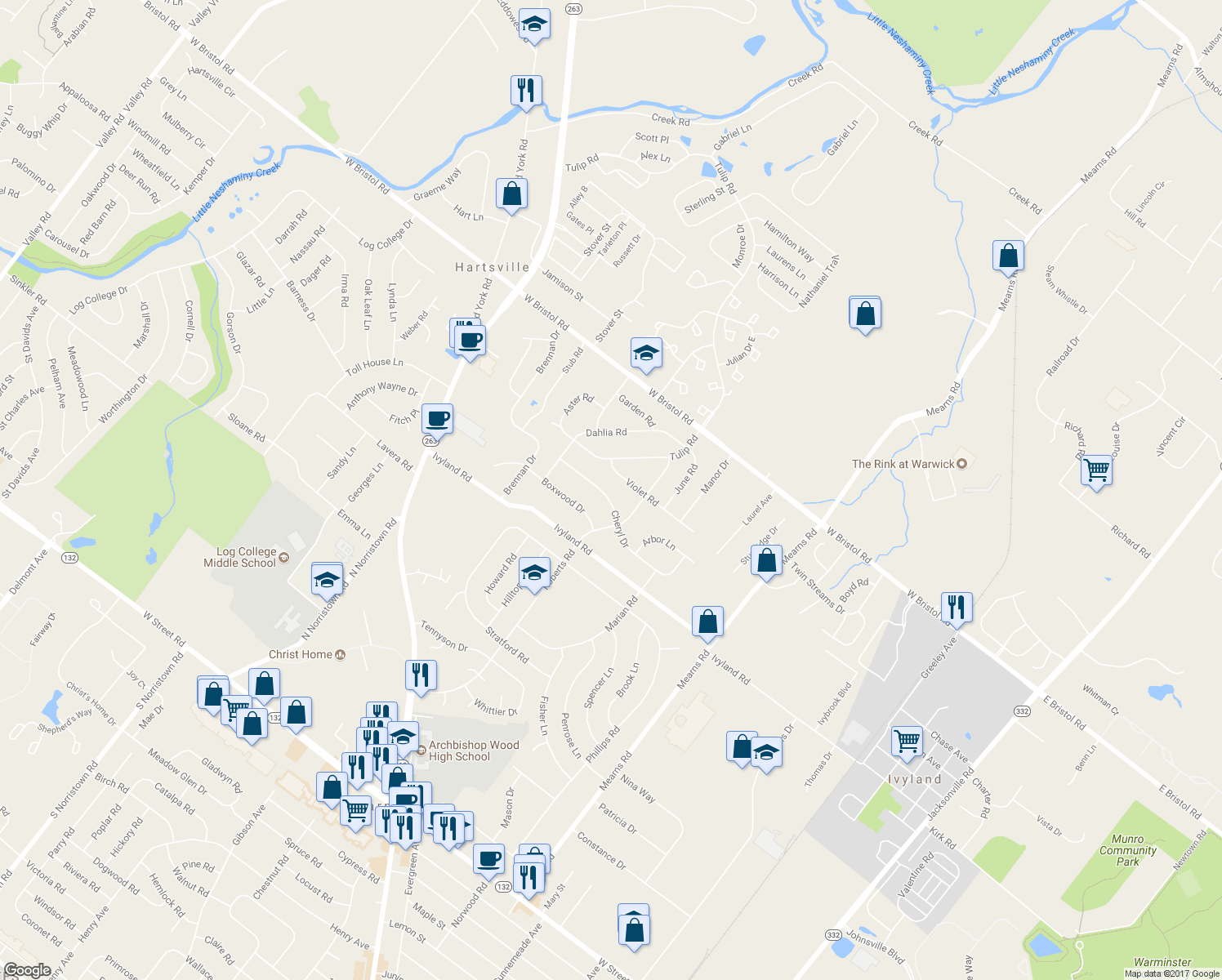 map of restaurants, bars, coffee shops, grocery stores, and more near 731 Cheryl Drive in Warminster