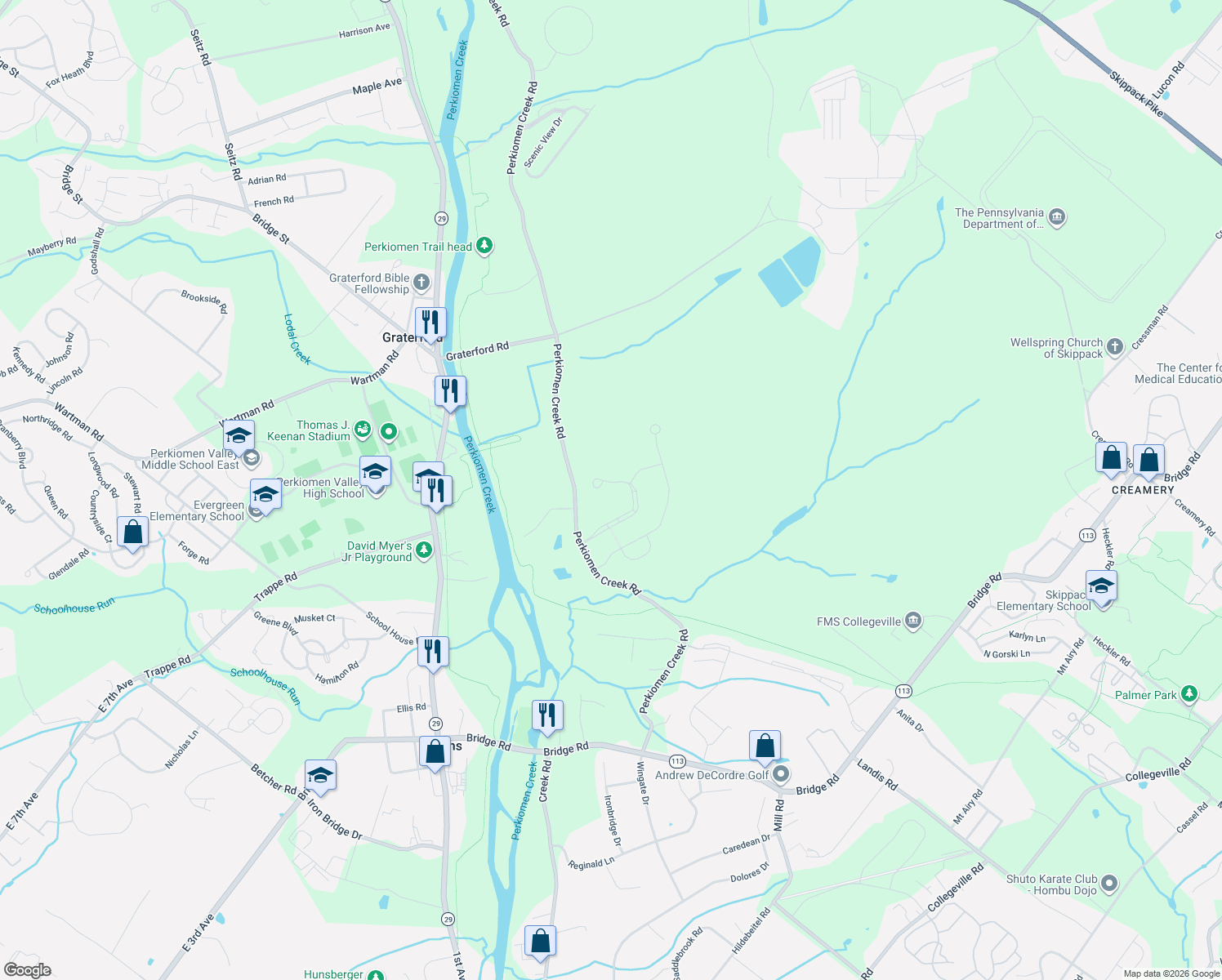 map of restaurants, bars, coffee shops, grocery stores, and more near 933 Mesa Lane in Collegeville