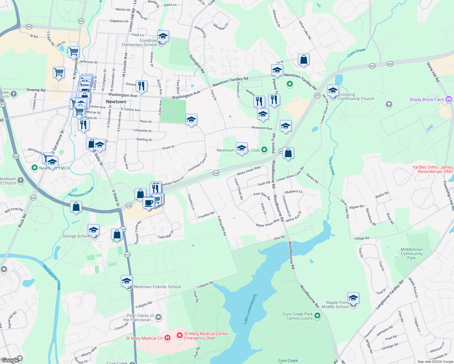 map of restaurants, bars, coffee shops, grocery stores, and more near 343 White Swan Way in Langhorne