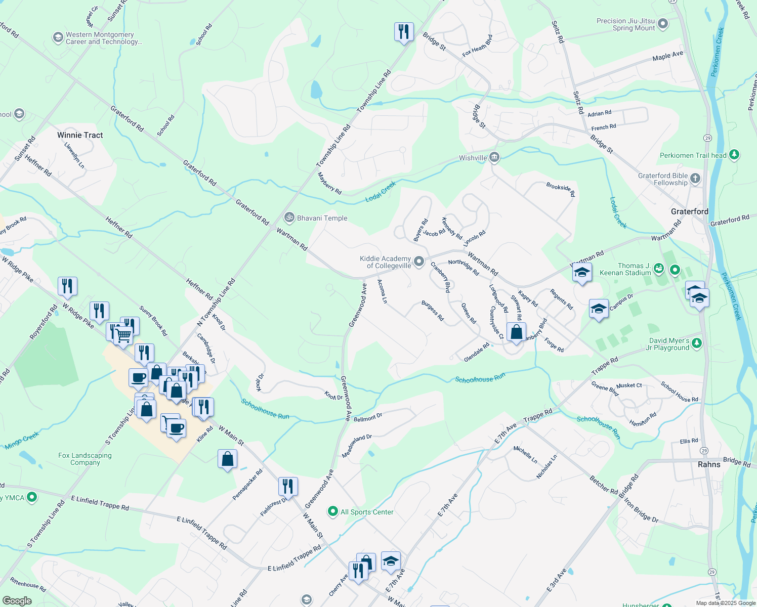 map of restaurants, bars, coffee shops, grocery stores, and more near 8 Acoma Lane in Collegeville