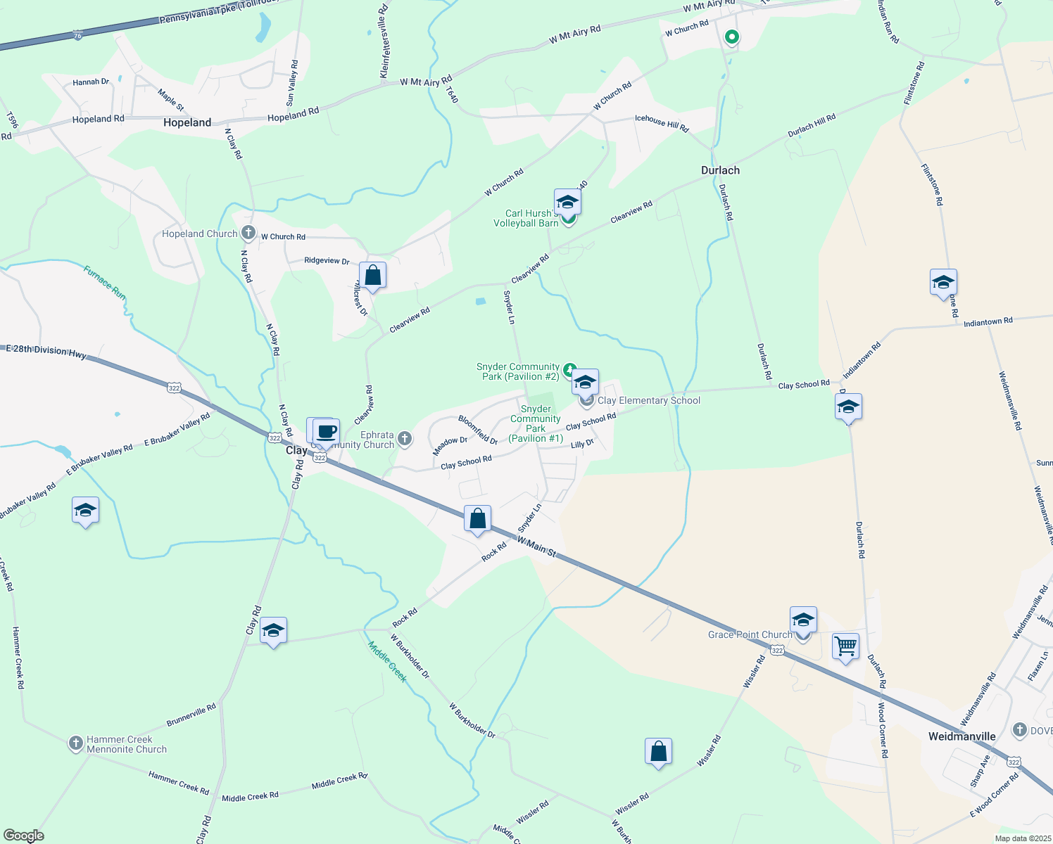 map of restaurants, bars, coffee shops, grocery stores, and more near 118 Bloomfield Dr in Ephrata