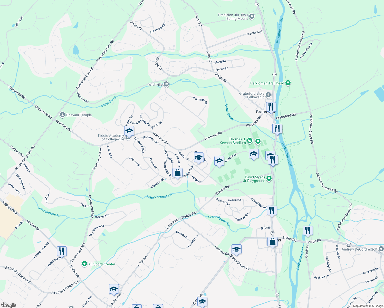 map of restaurants, bars, coffee shops, grocery stores, and more near 155 Regents Road in Collegeville