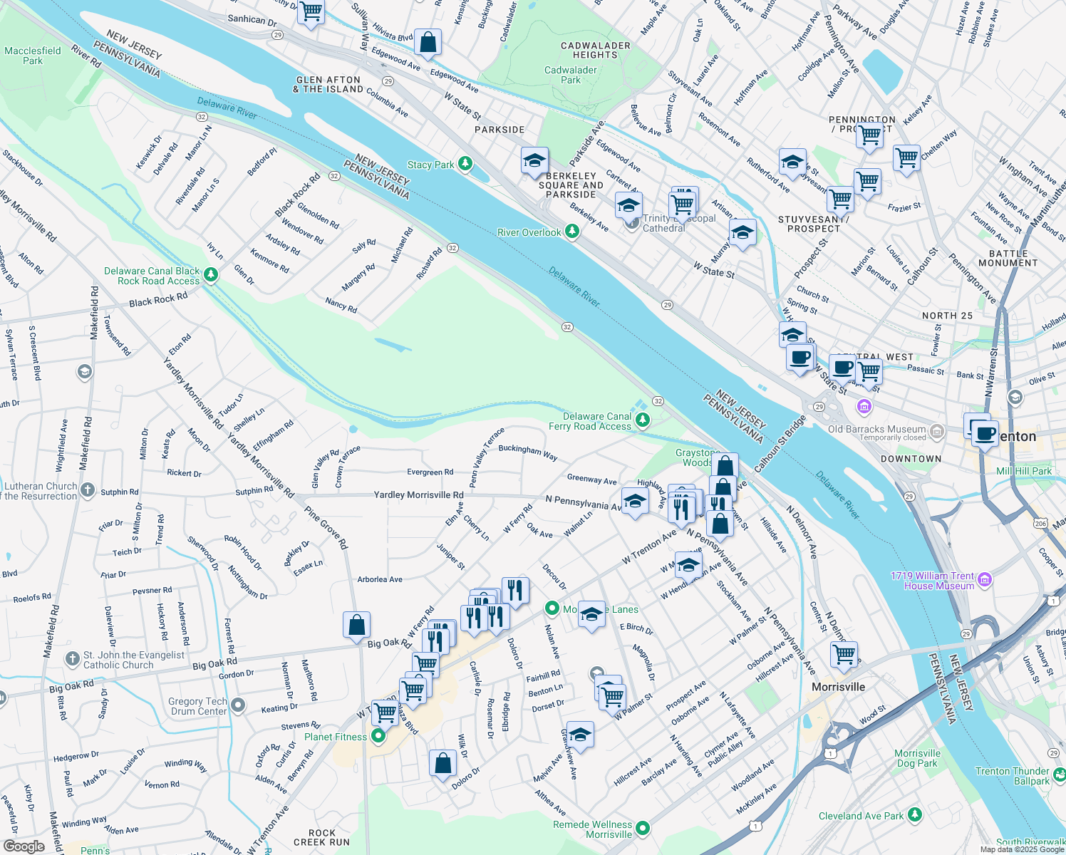map of restaurants, bars, coffee shops, grocery stores, and more near 215 Penn Valley Terrace in Morrisville