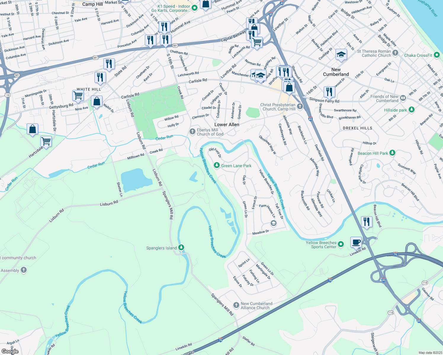 map of restaurants, bars, coffee shops, grocery stores, and more near 117 Juniper Drive in Camp Hill
