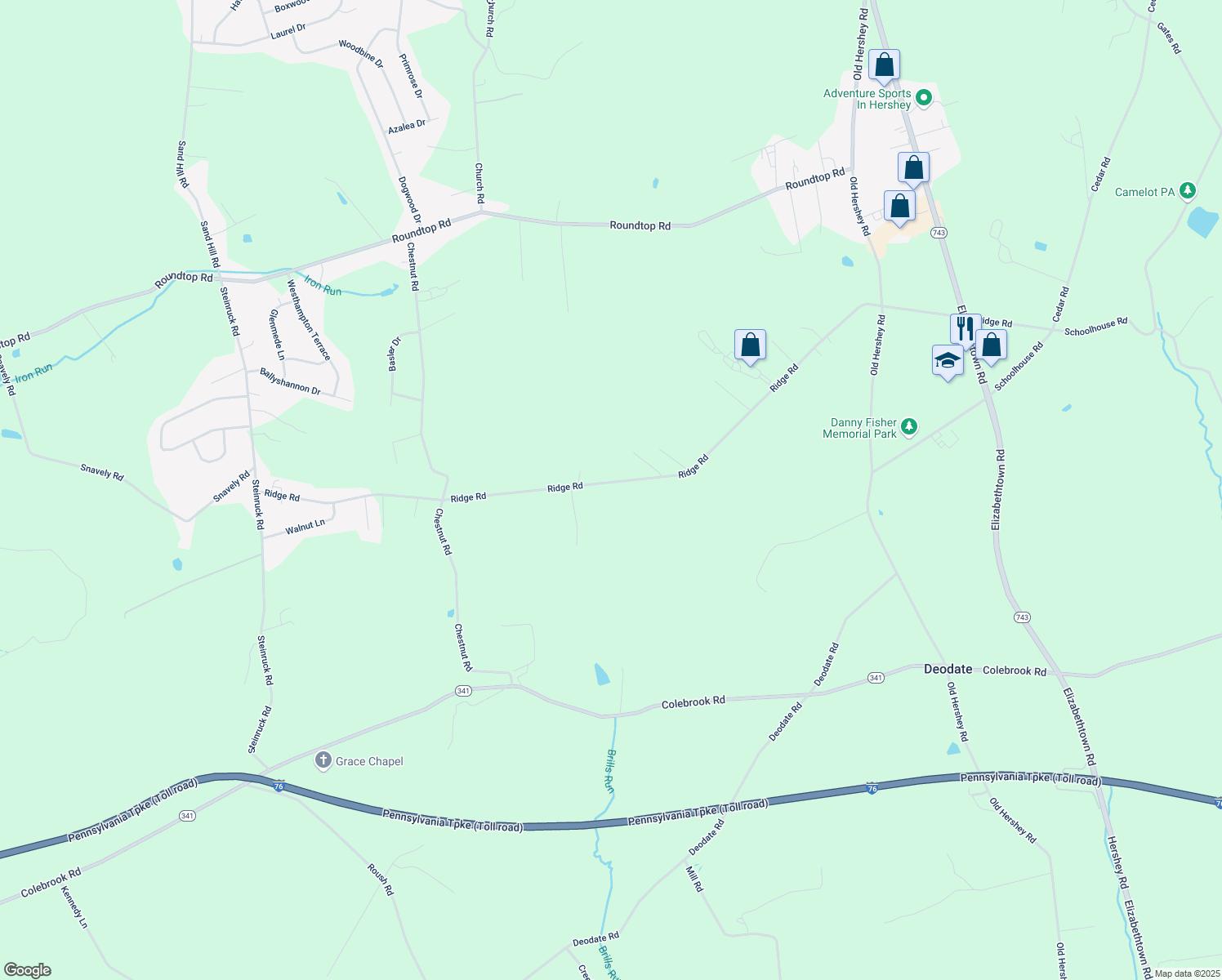 map of restaurants, bars, coffee shops, grocery stores, and more near 5203 Ridge Road in Elizabethtown
