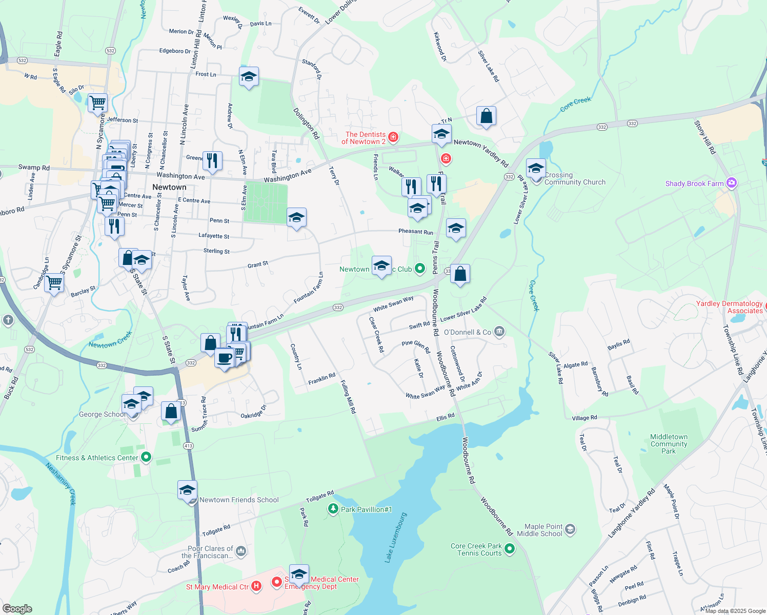 map of restaurants, bars, coffee shops, grocery stores, and more near 432 White Swan Way in Langhorne