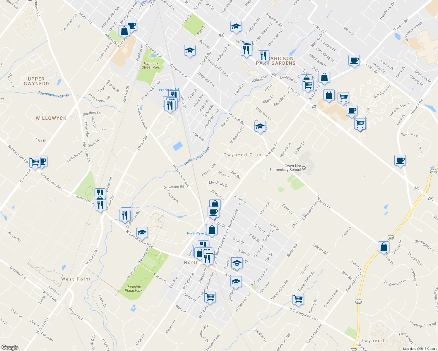 map of restaurants, bars, coffee shops, grocery stores, and more near 152 Arbour Court in North Wales