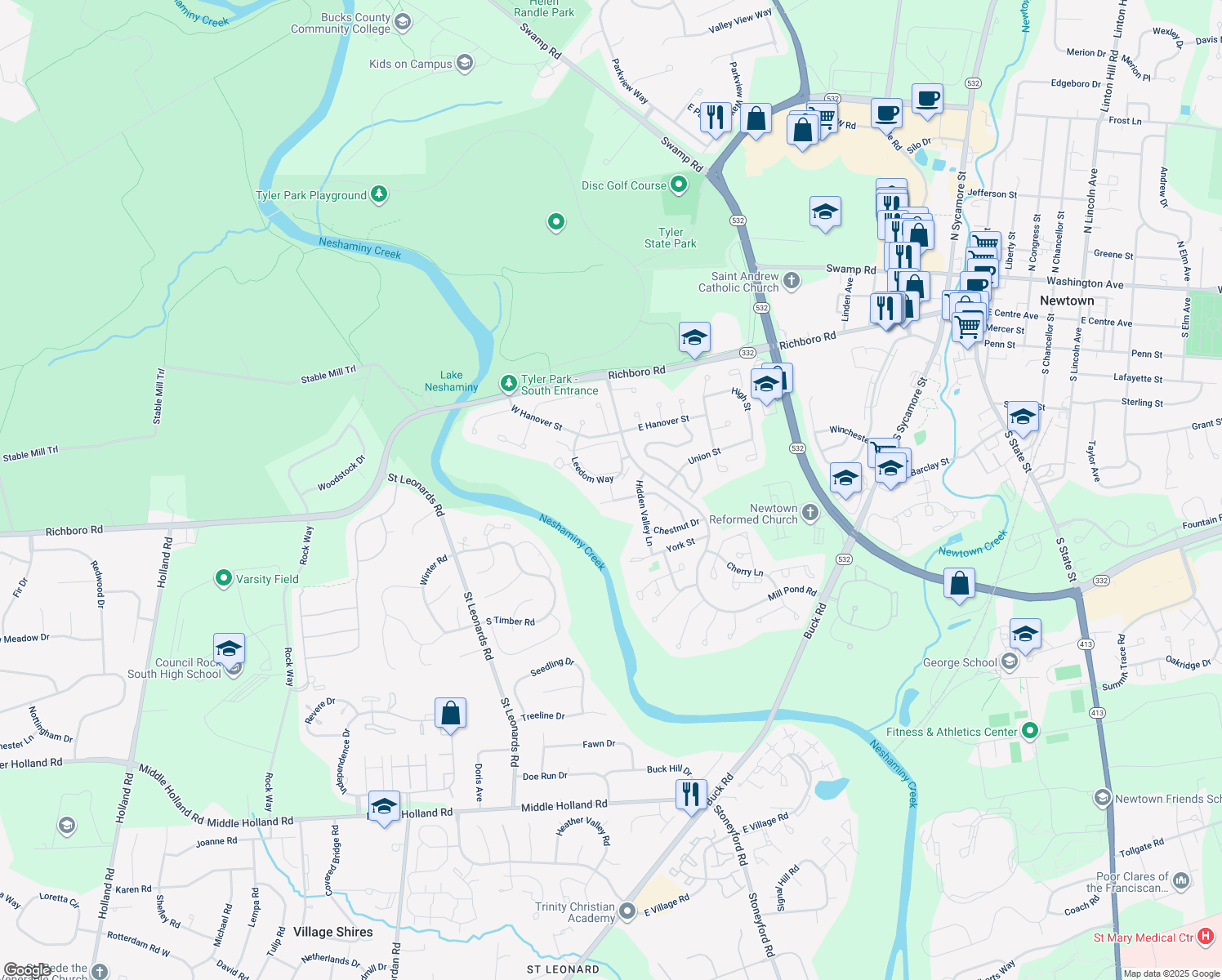 map of restaurants, bars, coffee shops, grocery stores, and more near 296 Leedom Way in Newtown