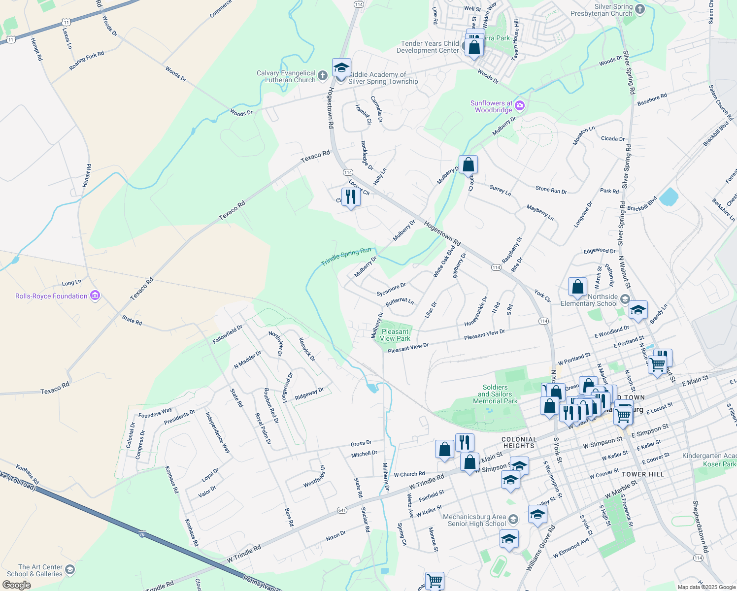 map of restaurants, bars, coffee shops, grocery stores, and more near 37 Sycamore Dr in Mechanicsburg