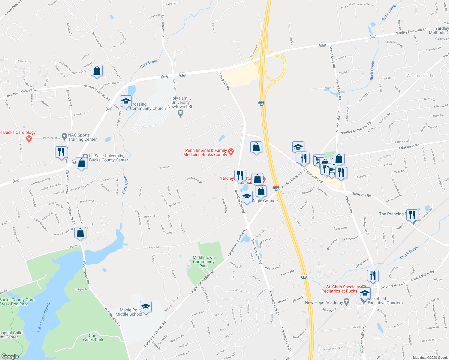 map of restaurants, bars, coffee shops, grocery stores, and more near 165 Shady Brook Drive in Langhorne