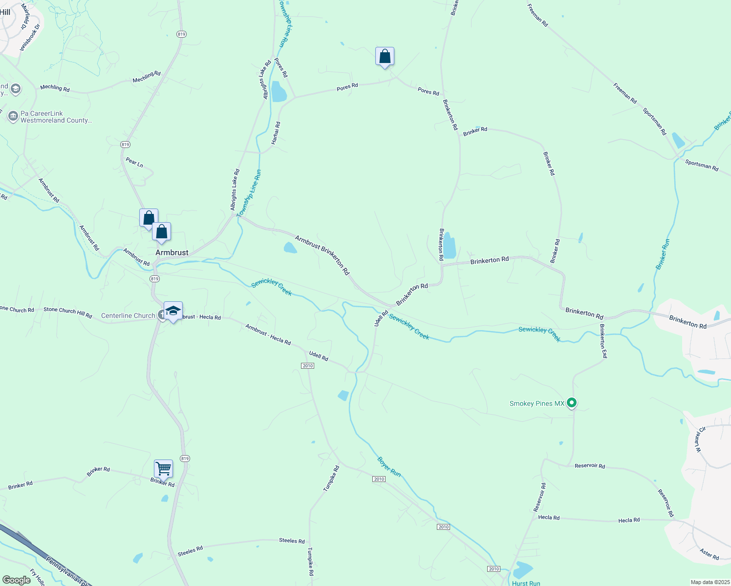 map of restaurants, bars, coffee shops, grocery stores, and more near 1260 Armbrust Brinkerton Road in Greensburg
