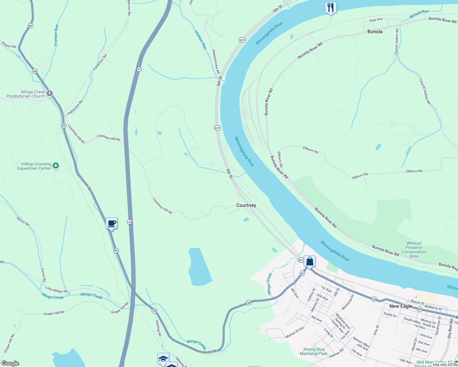 map of restaurants, bars, coffee shops, grocery stores, and more near 36 Kennedy Road in New Eagle
