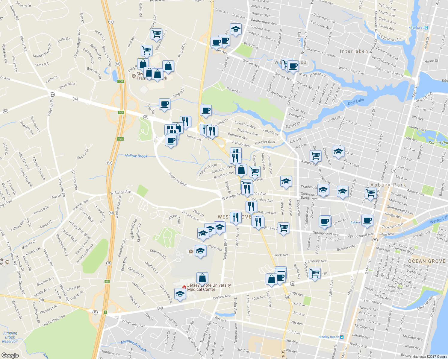 map of restaurants, bars, coffee shops, grocery stores, and more near 605 Sayre Street in Neptune City