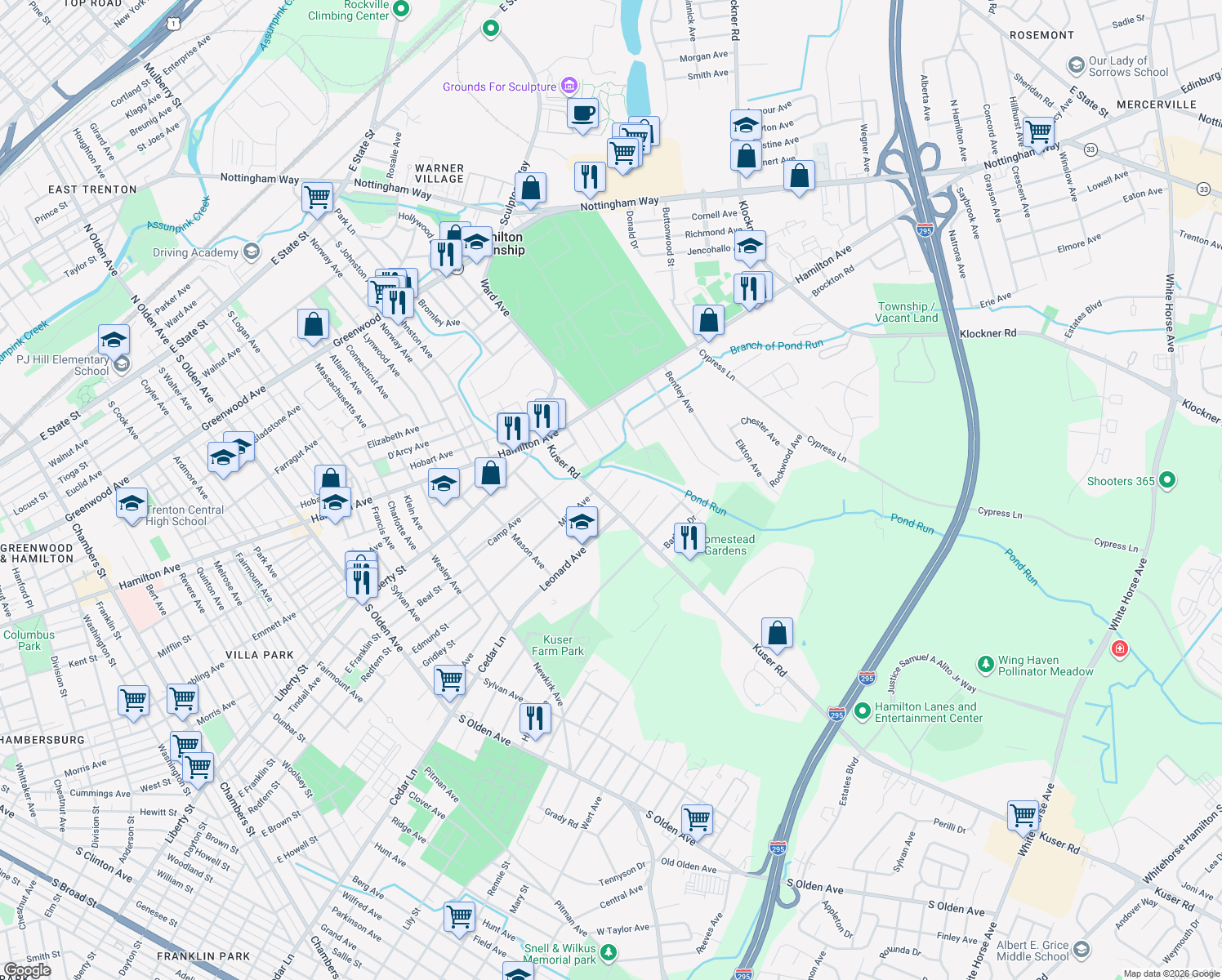 map of restaurants, bars, coffee shops, grocery stores, and more near 20 June Avenue in Hamilton Township