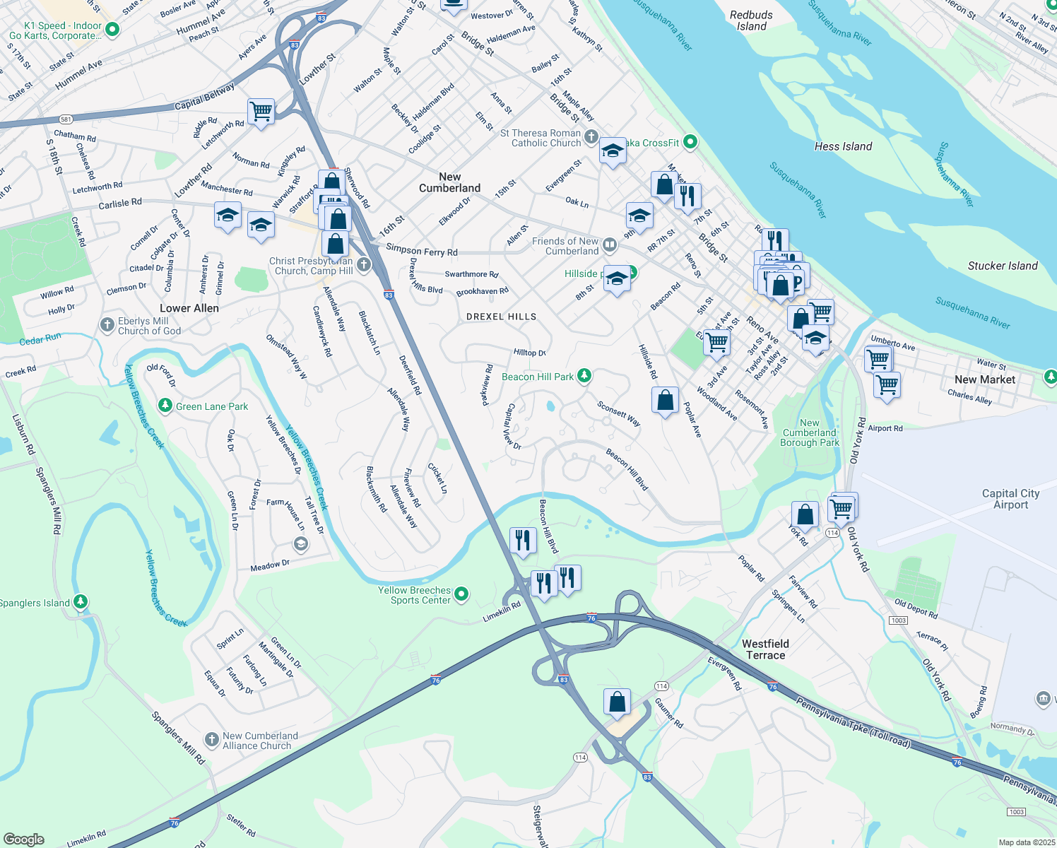 map of restaurants, bars, coffee shops, grocery stores, and more near 1738 Josiah Chowning Way in New Cumberland