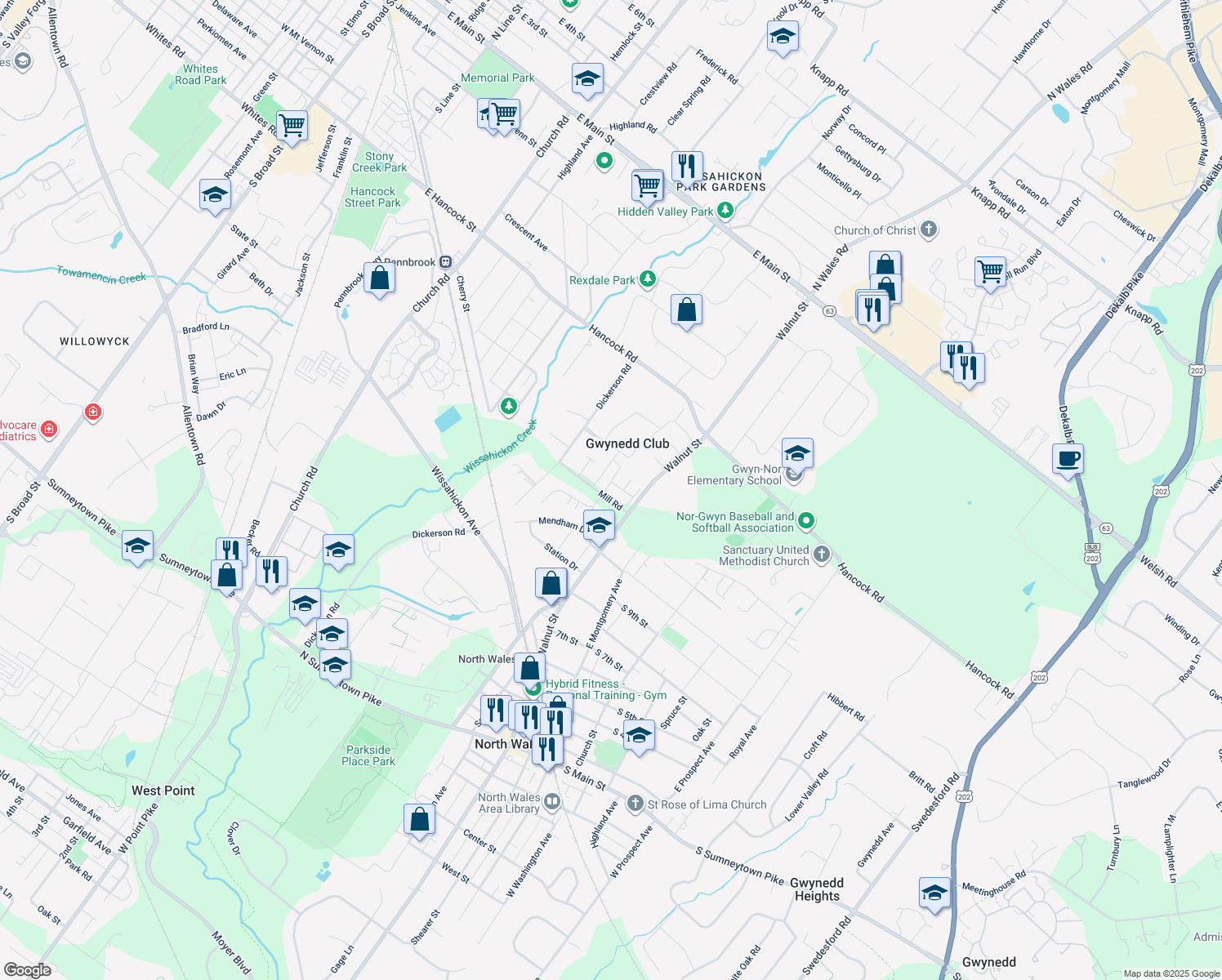 map of restaurants, bars, coffee shops, grocery stores, and more near 208 Arbour Court in North Wales
