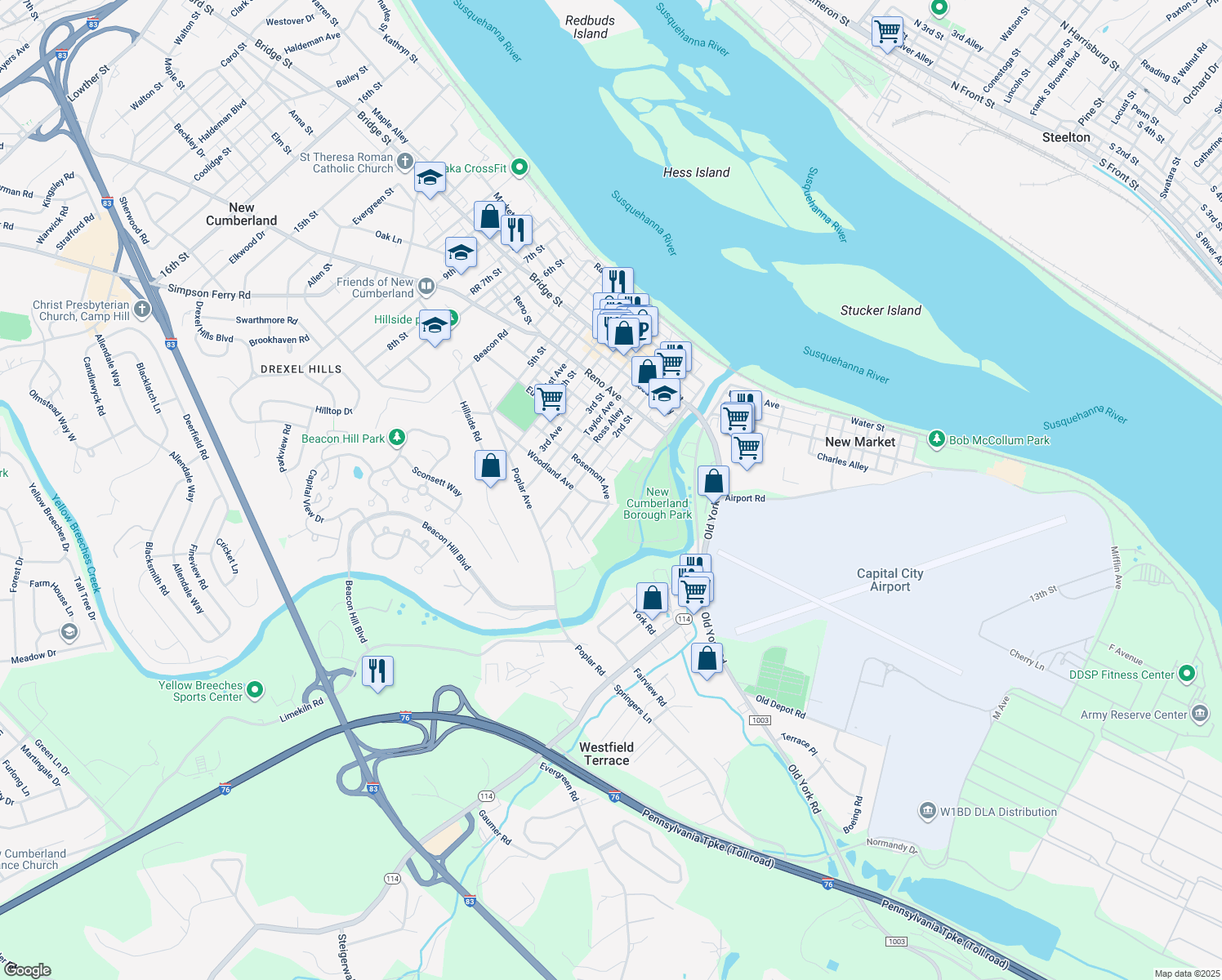 map of restaurants, bars, coffee shops, grocery stores, and more near 107 Rosemont Avenue in New Cumberland