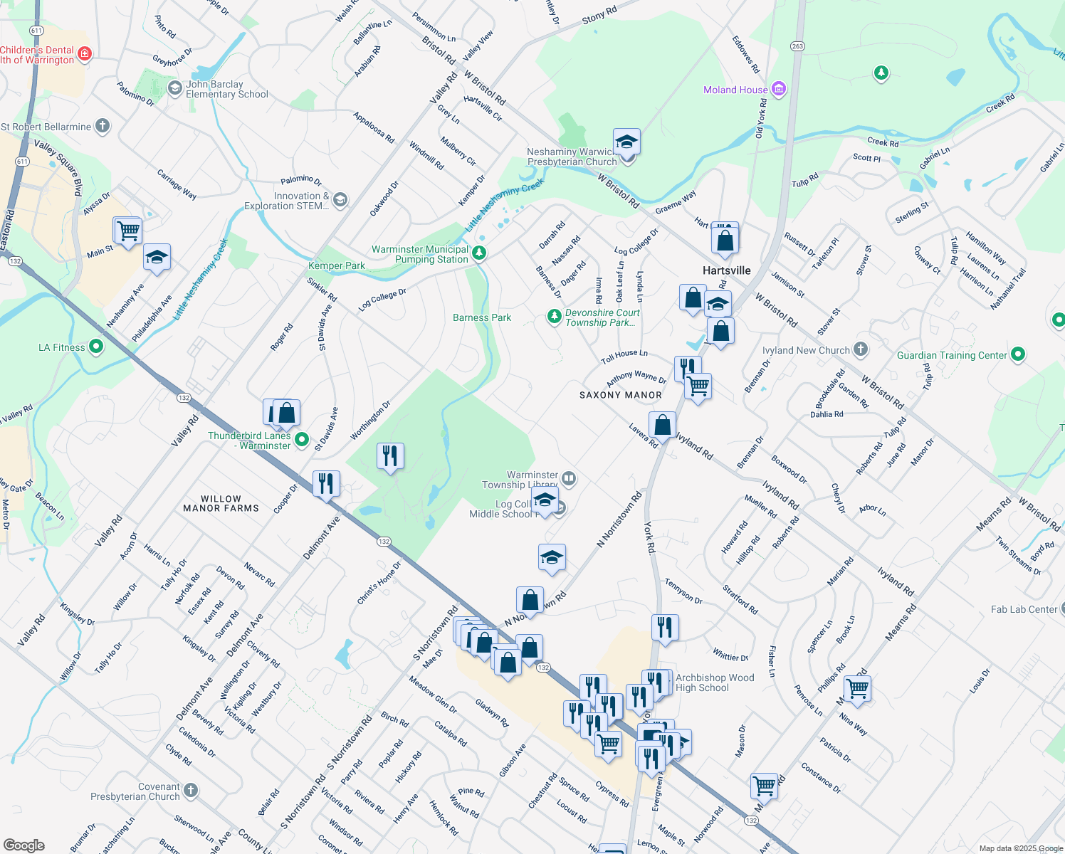 map of restaurants, bars, coffee shops, grocery stores, and more near 890 Lavera Road in Warminster