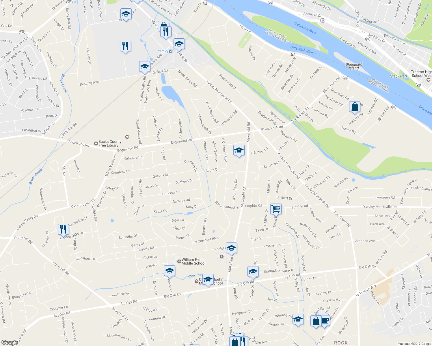 map of restaurants, bars, coffee shops, grocery stores, and more near 7 South Drive in Yardley