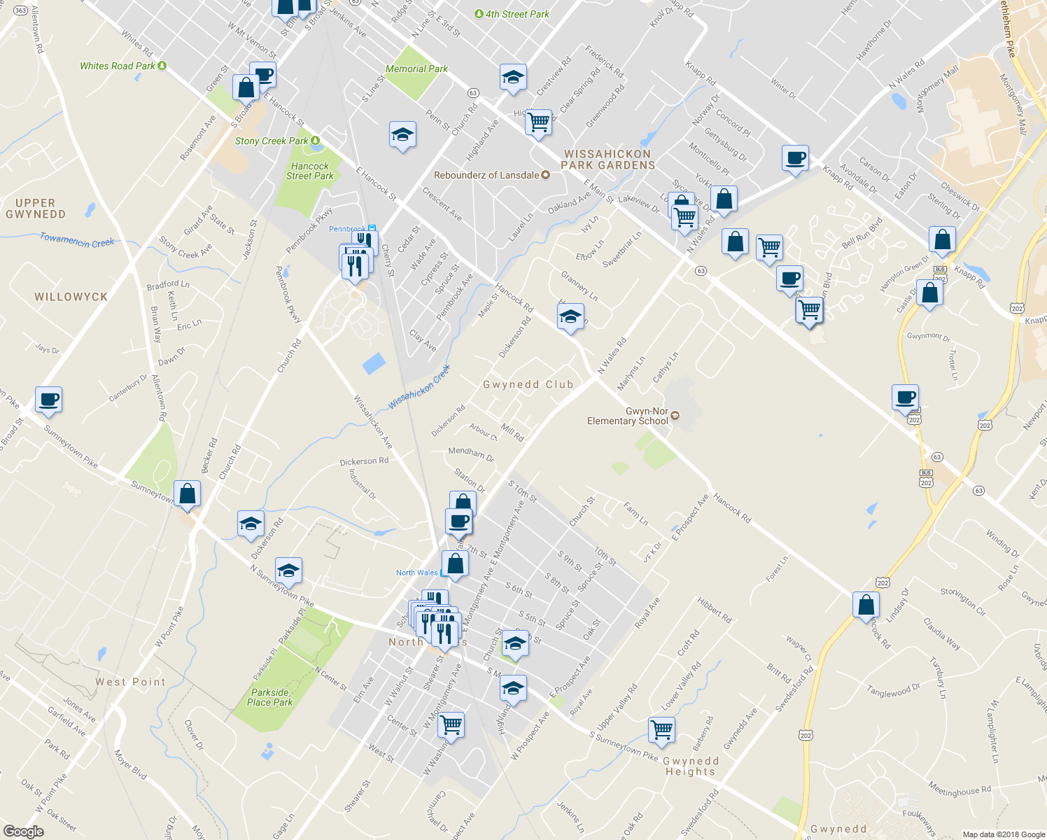 map of restaurants, bars, coffee shops, grocery stores, and more near 258 Arbour Court in North Wales