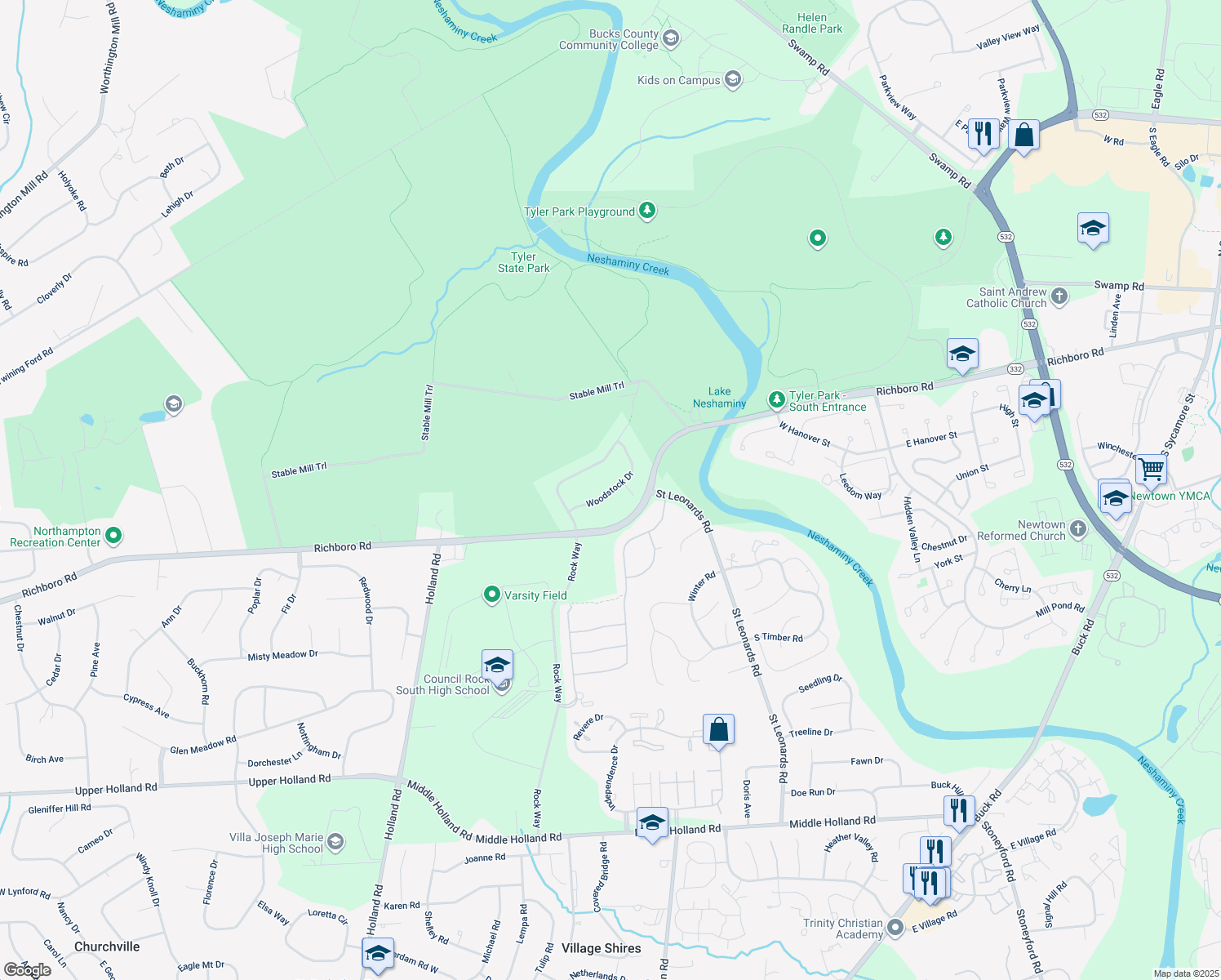 map of restaurants, bars, coffee shops, grocery stores, and more near 63 Woodstock Drive in Newtown