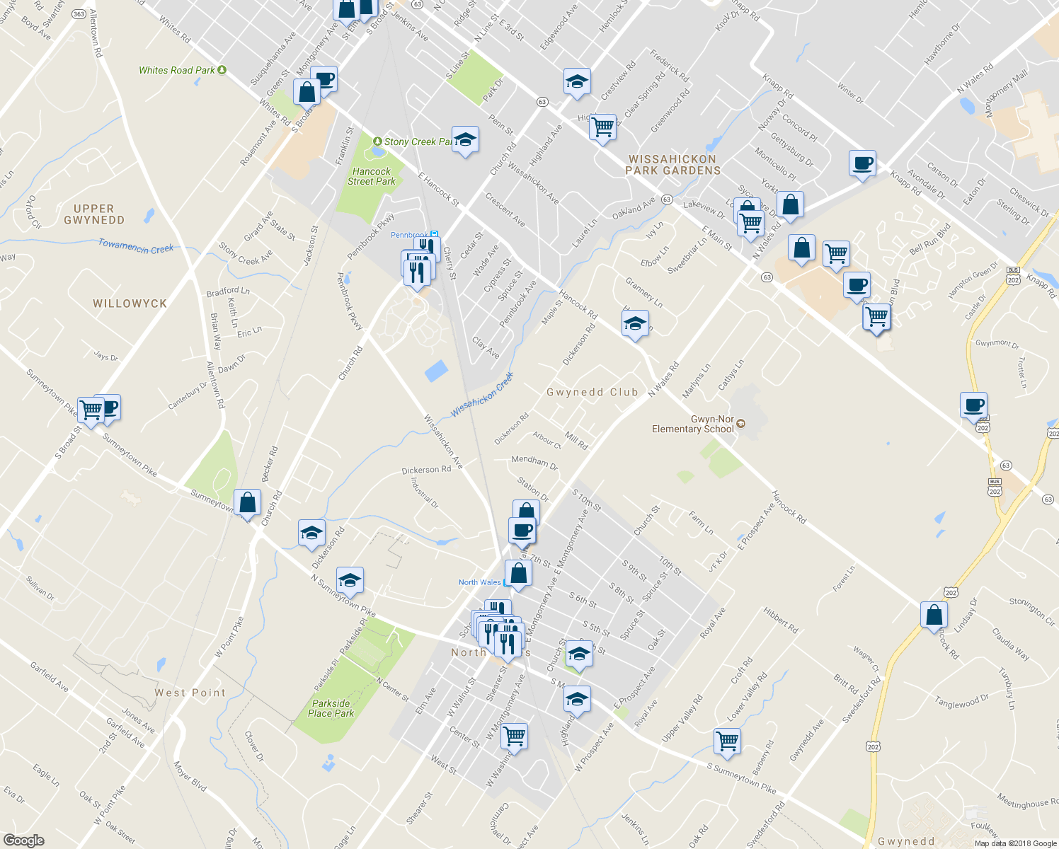 map of restaurants, bars, coffee shops, grocery stores, and more near 153 Arbour Court in North Wales
