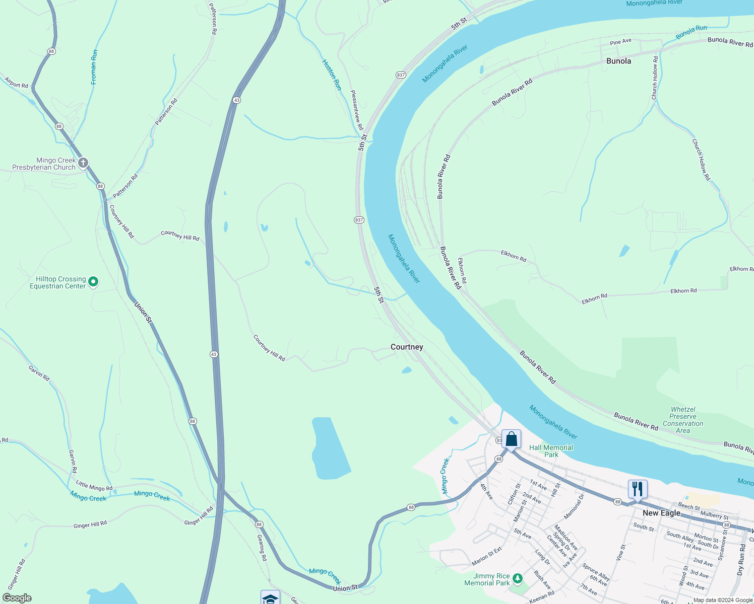 map of restaurants, bars, coffee shops, grocery stores, and more near 36 Kennedy Road in New Eagle