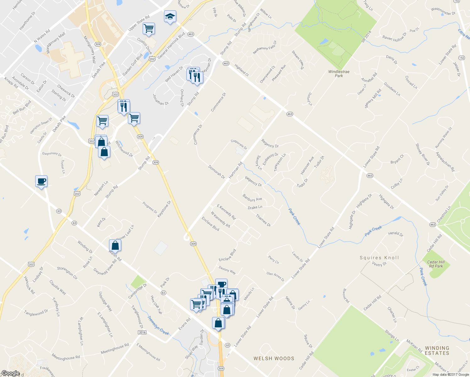 map of restaurants, bars, coffee shops, grocery stores, and more near 106 Regency Drive in North Wales