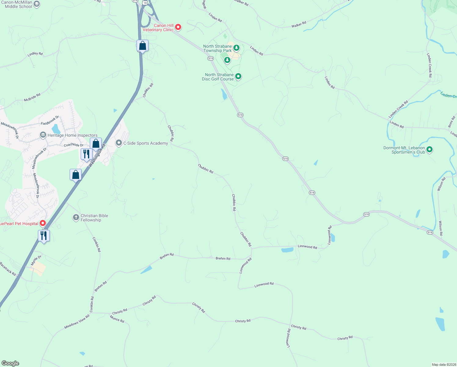 map of restaurants, bars, coffee shops, grocery stores, and more near 85 Chubbic Rd in Canonsburg