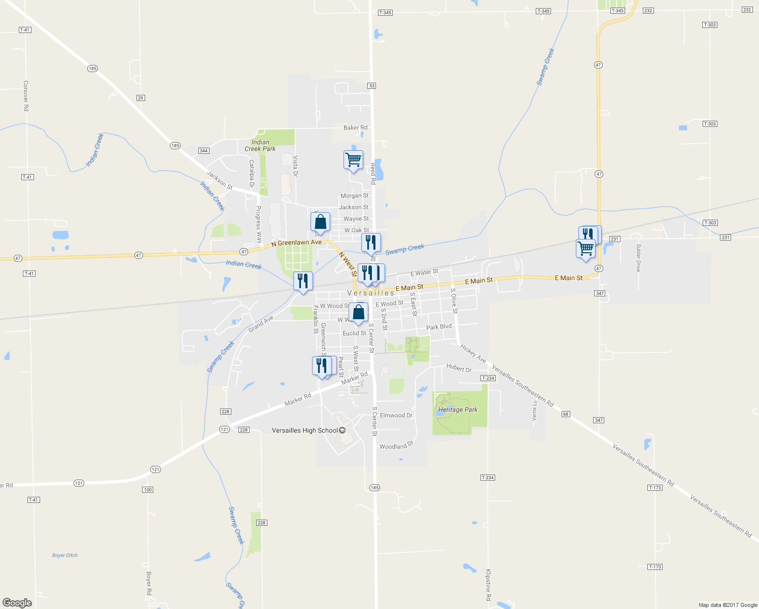 map of restaurants, bars, coffee shops, grocery stores, and more near 45 East Wood Street in Versailles