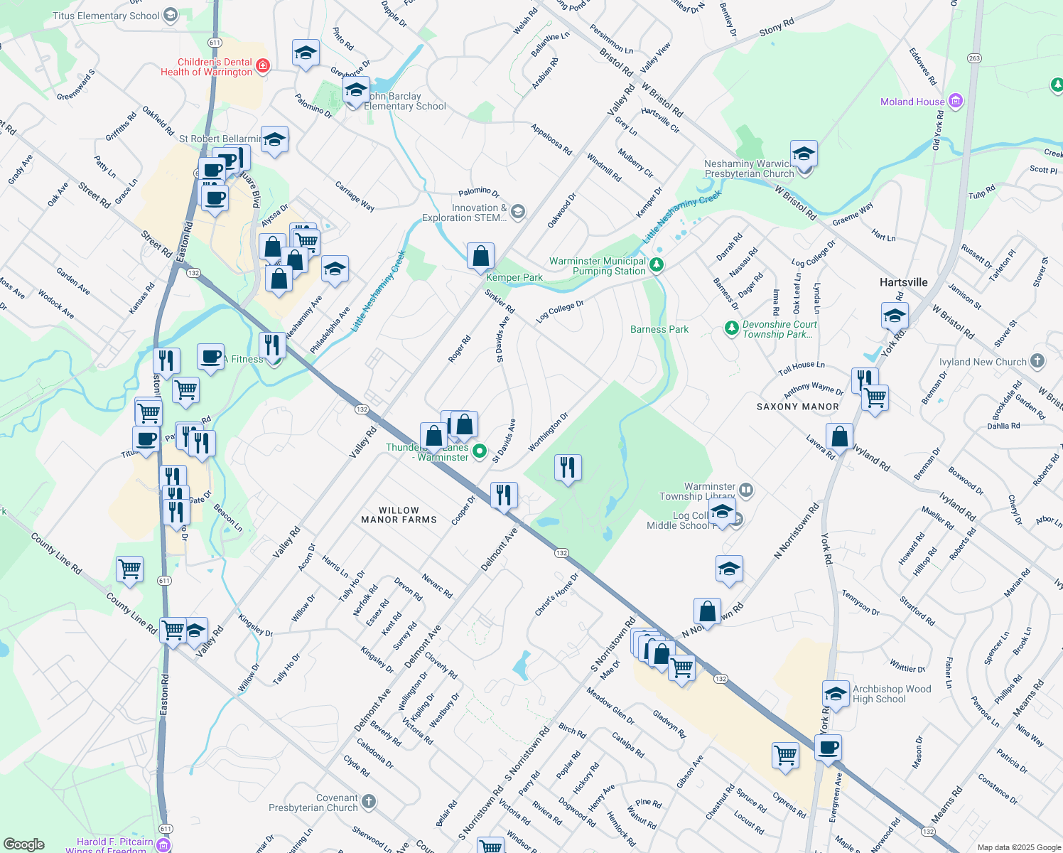 map of restaurants, bars, coffee shops, grocery stores, and more near 733 Pelham Avenue in Warminster