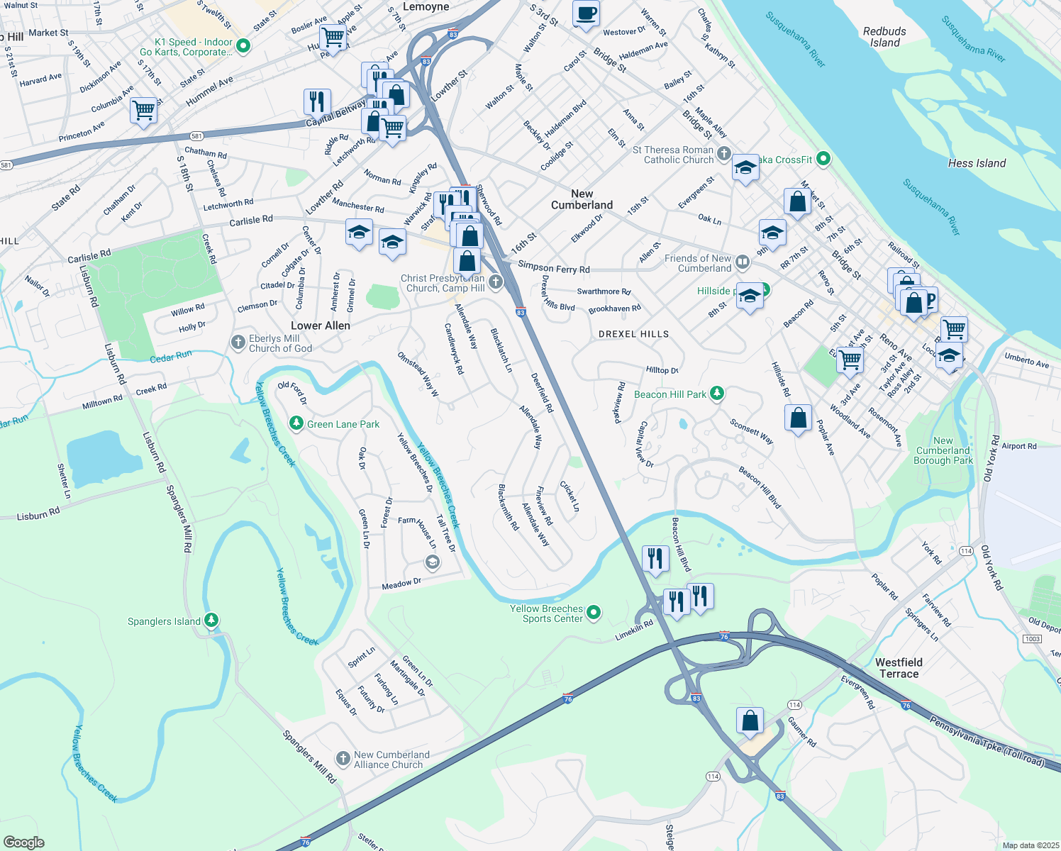 map of restaurants, bars, coffee shops, grocery stores, and more near 300 Allendale Way in Camp Hill