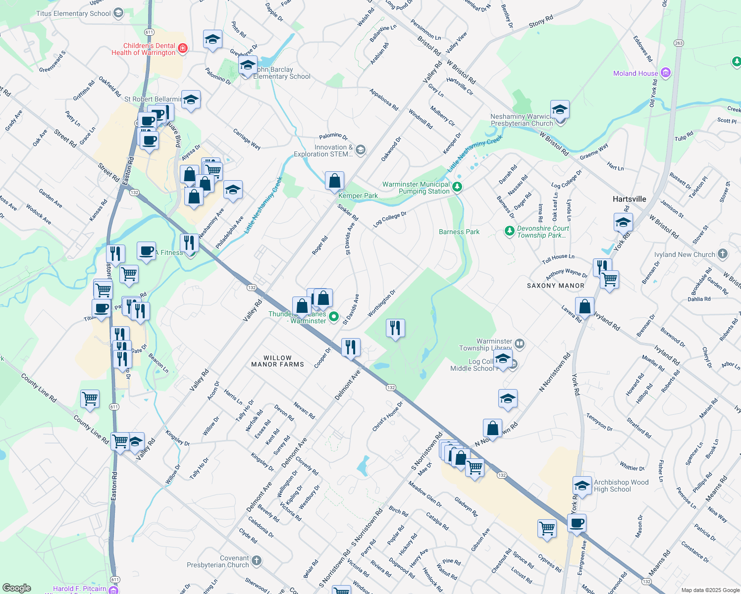 map of restaurants, bars, coffee shops, grocery stores, and more near 739 Pelham Avenue in Warminster