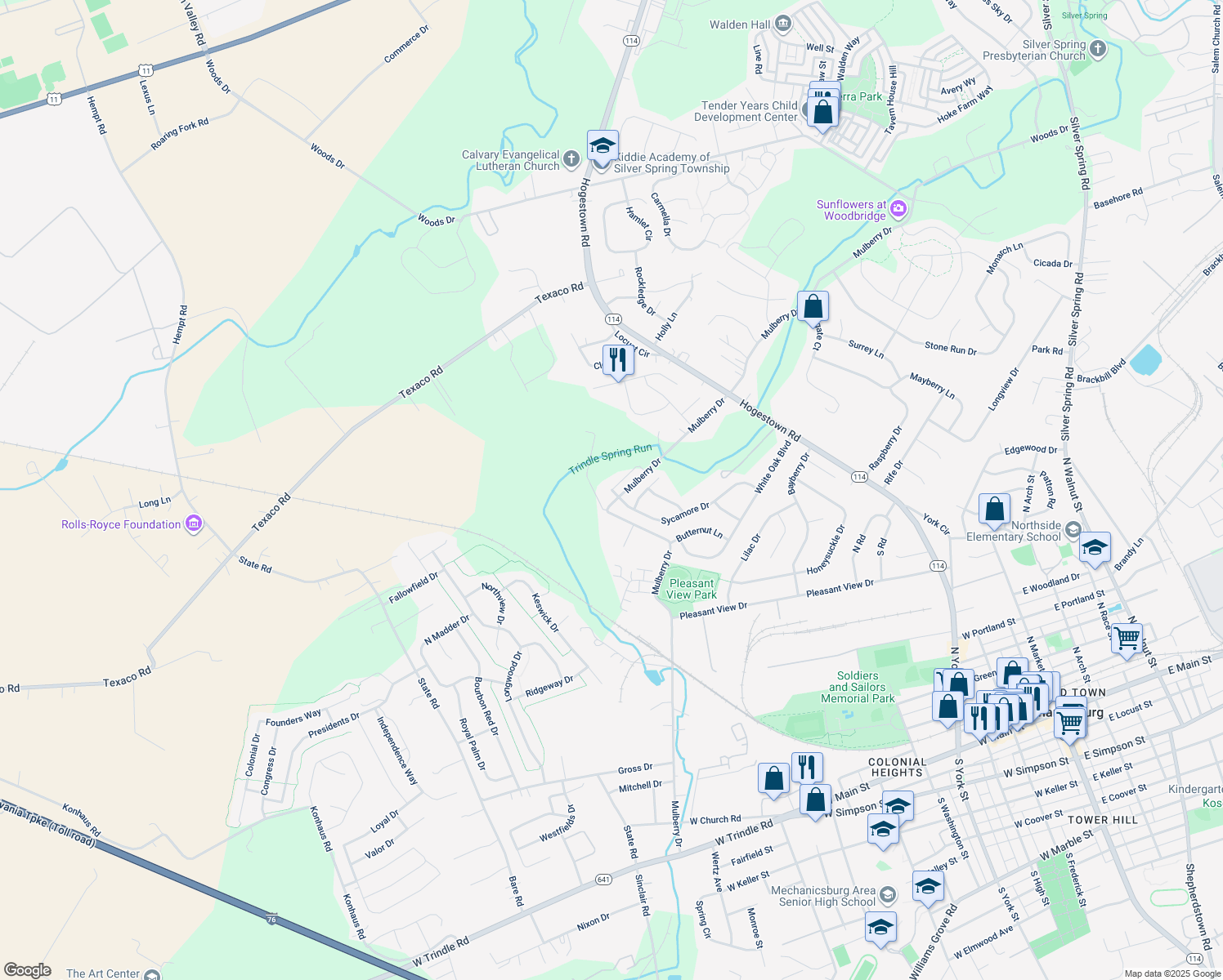 map of restaurants, bars, coffee shops, grocery stores, and more near 502 Brook Meadow Drive in Mechanicsburg